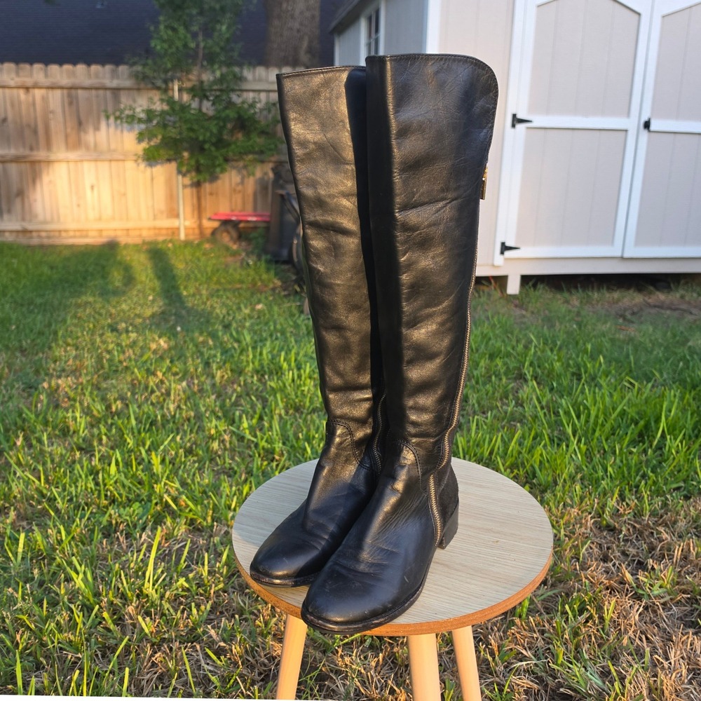 Michael Kors Black Leather Suede Over The Knee Boots Gold Zip Low Heel Sz 10M